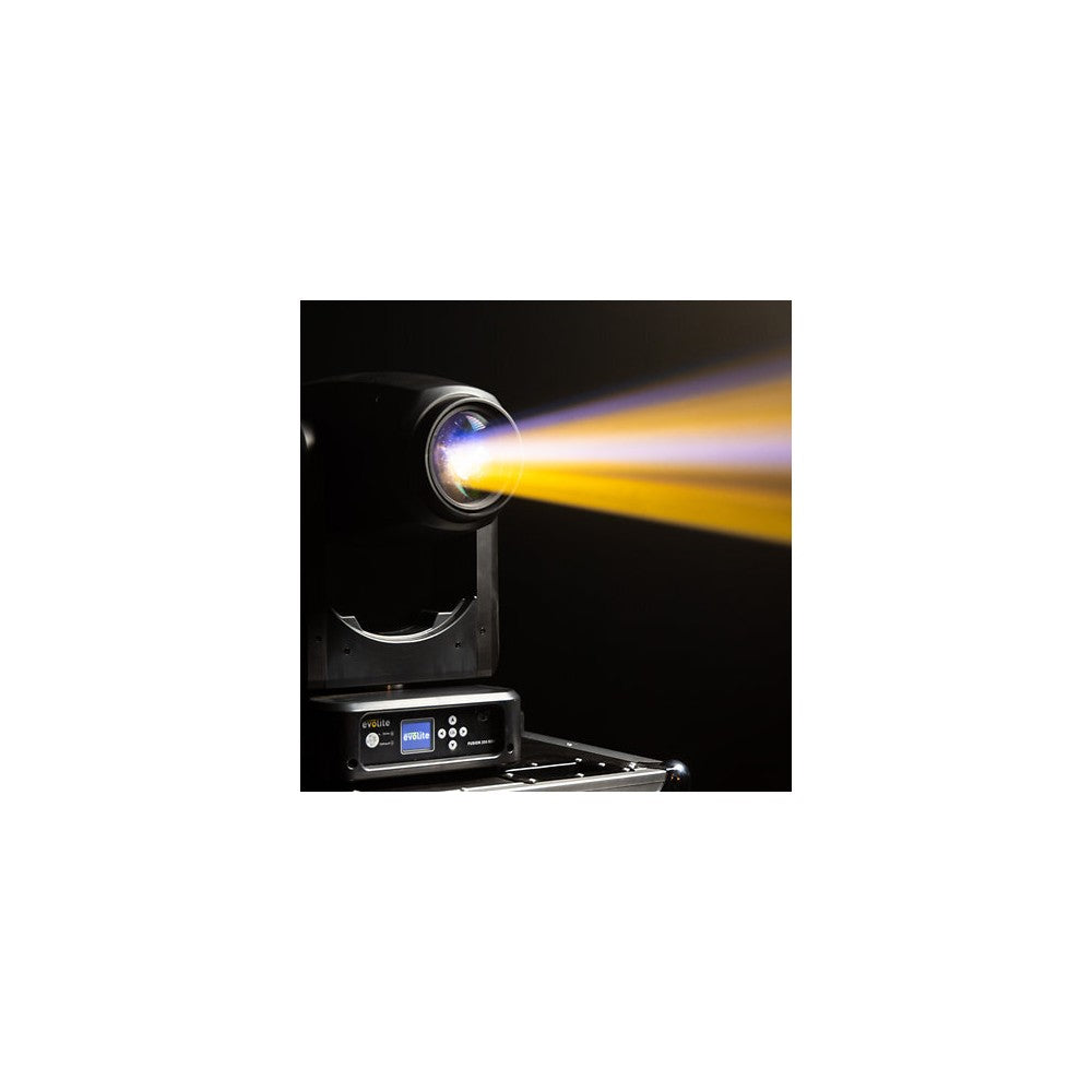 Evolite 350 W hybrid head Beam / Spot / Wash, motorized zoom, fixed / rotating gobos, 3-facet prism, set of 2 + flight case