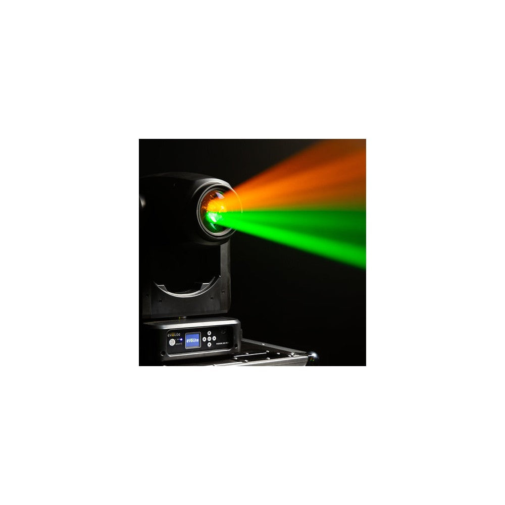 Evolite 350 W hybrid head Beam / Spot / Wash, motorized zoom, fixed / rotating gobos, 3-facet prism, set of 2 + flight case