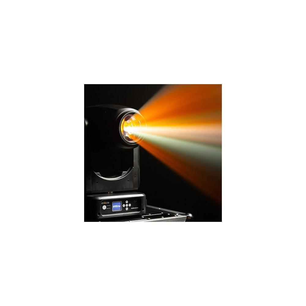 Evolite 350 W hybrid head Beam / Spot / Wash, motorized zoom, fixed / rotating gobos, 3-facet prism, set of 2 + flight case