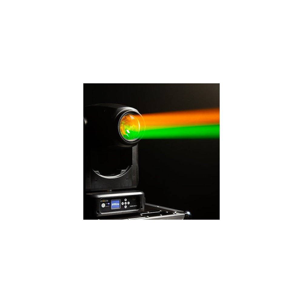 Evolite 350 W hybrid head Beam / Spot / Wash, motorized zoom, fixed / rotating gobos, 3-facet prism, set of 2 + flight case