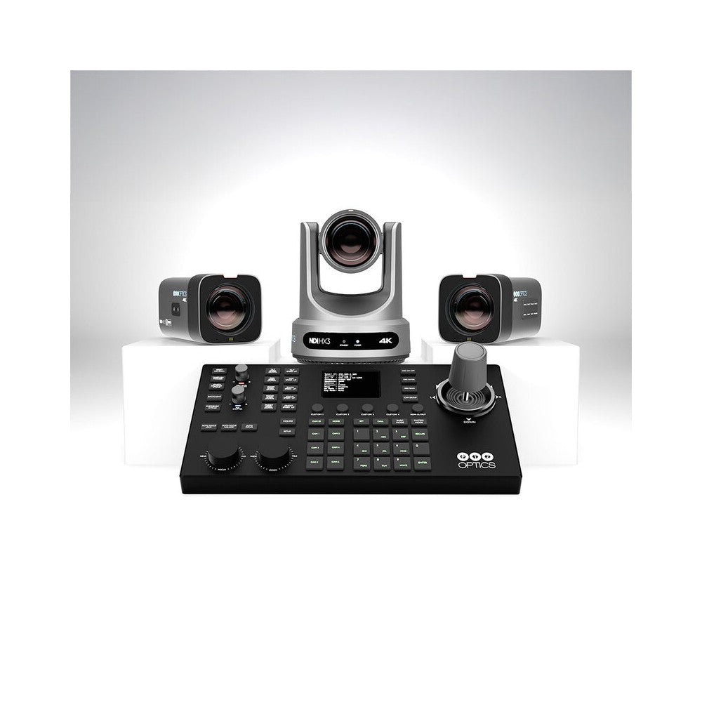 PTZOptics This bundle features 2 x PT12X-STUDIO-4K-GY-G3 cameras, 1 x PT12X-4K-GY-G3 camera, 1 x PT-SUPERJOY-G1 IP &amp; Serial