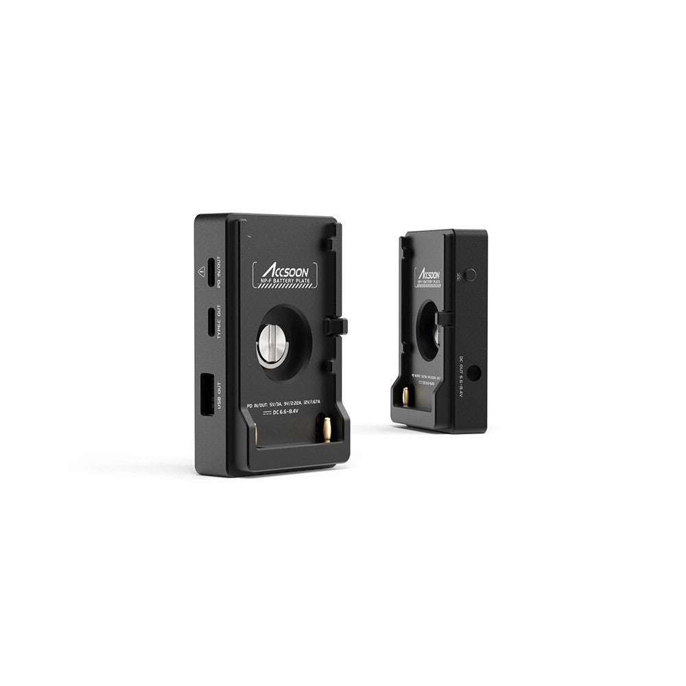 ACCSOON NP-F battery plate, PD 20 W fast charging, USB-C / USB-A / DC outputs, battery level indicator, circuit protection, comp