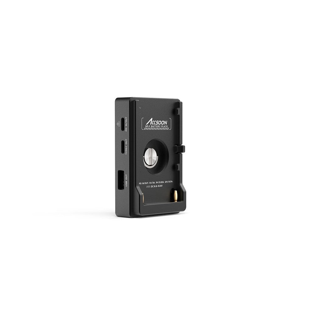 ACCSOON NP-F battery plate, PD 20W fast charging, USB-C / USB-A / DC outputs, battery level indicator, circuit protection, comp