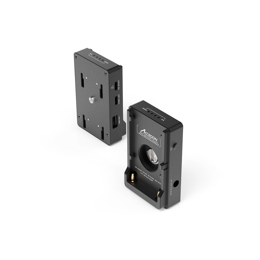 ACCSOON NP-F battery plate, PD 20 W fast charging, USB-C / USB-A / DC outputs, battery level indicator, circuit protection, comp