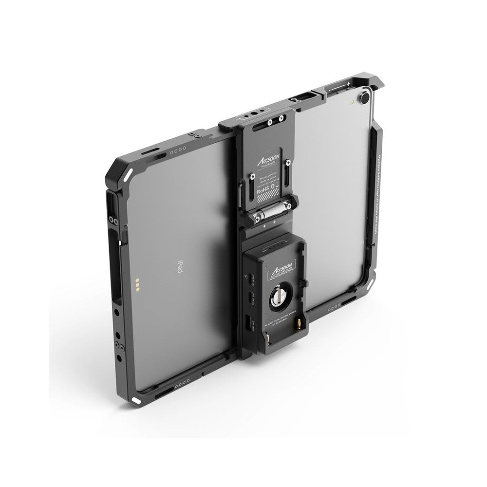 ACCSOON NP-F battery plate, PD 20 W fast charging, USB-C / USB-A / DC outputs, battery level indicator, circuit protection, comp