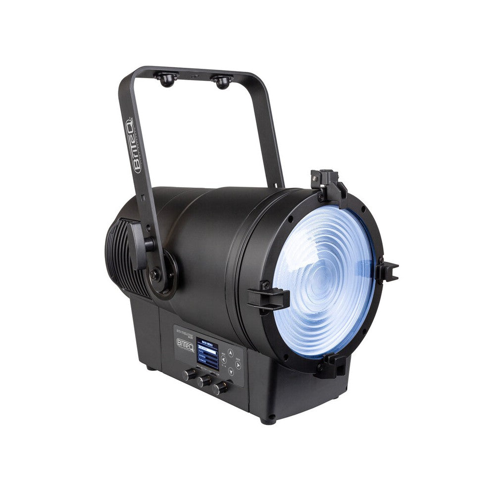 Briteq Full color IP65 LED fresnel spotlight with a 2 kW halogen equivalent output, motorized zoom, high CRI white presets
