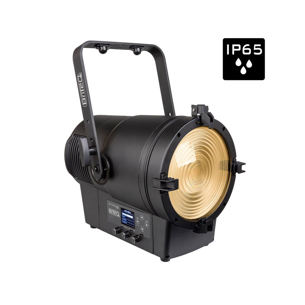 Briteq Full color IP65 LED fresnel spotlight with a 2 kW halogen equivalent output, motorized zoom, high CRI white presets