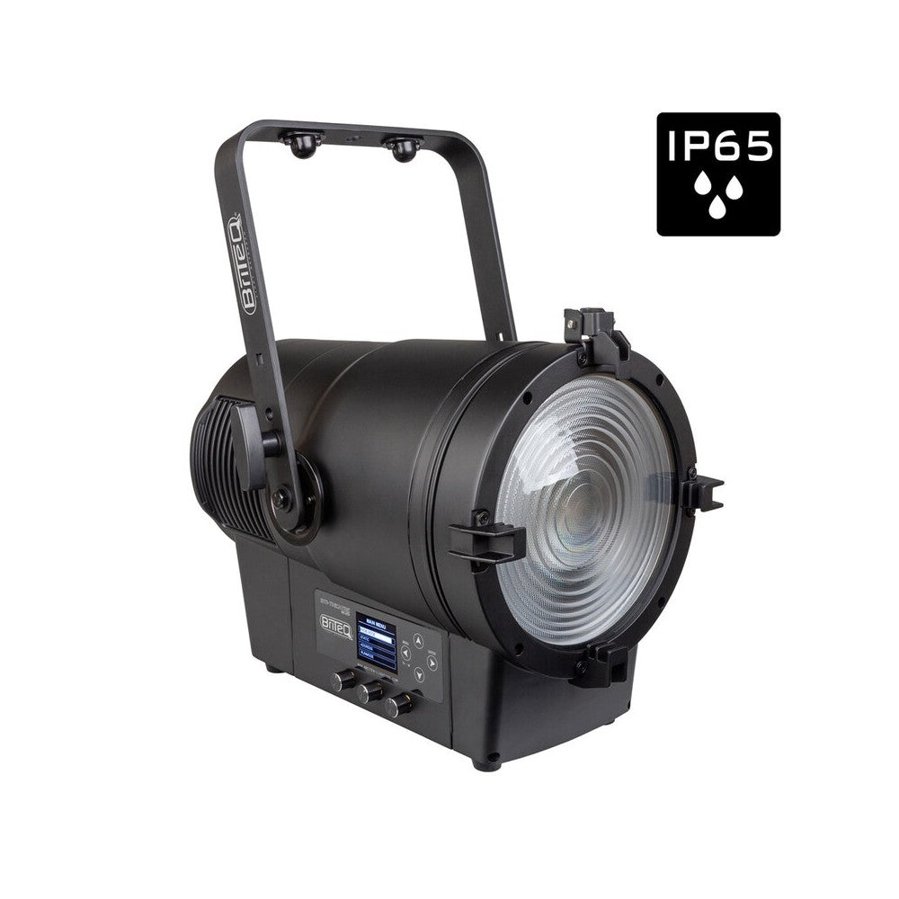 Briteq Full color IP65 LED fresnel spotlight with a 2 kW halogen equivalent output, motorized zoom, high CRI white presets