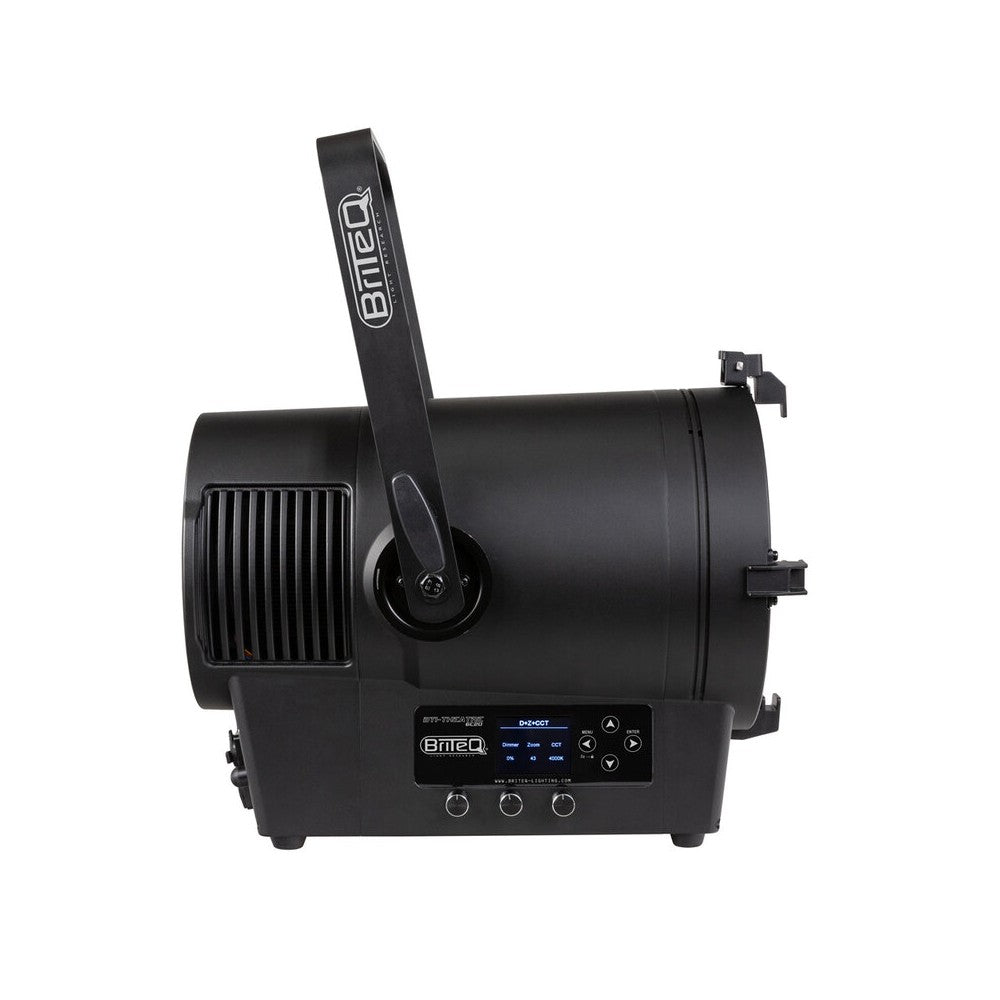 Briteq Full color IP65 LED fresnel spotlight with a 2 kW halogen equivalent output, motorized zoom, high CRI white presets