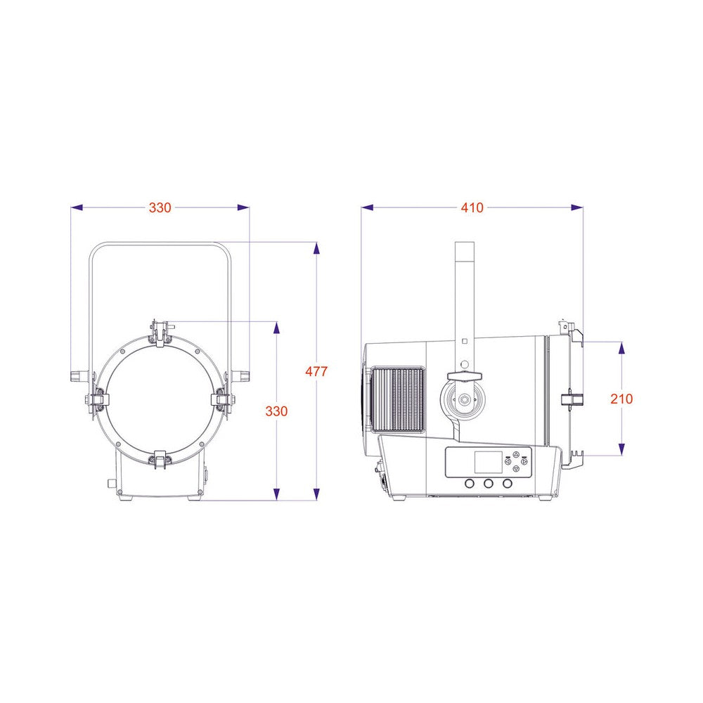 Briteq Full color IP65 LED fresnel spotlight with a 2 kW halogen equivalent output, motorized zoom, high CRI white presets