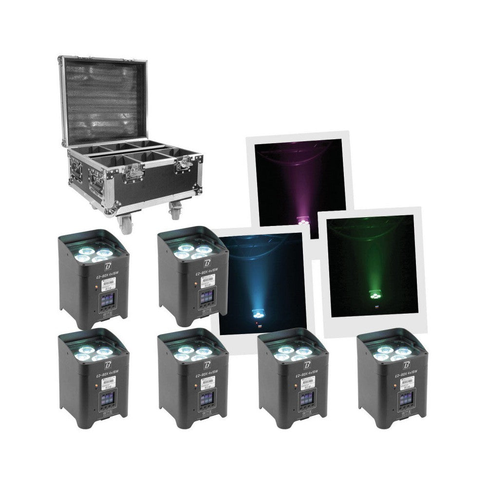 BoomTone DJ Pack of 6 x EZBOX 4x15W projectors + transport and charging case