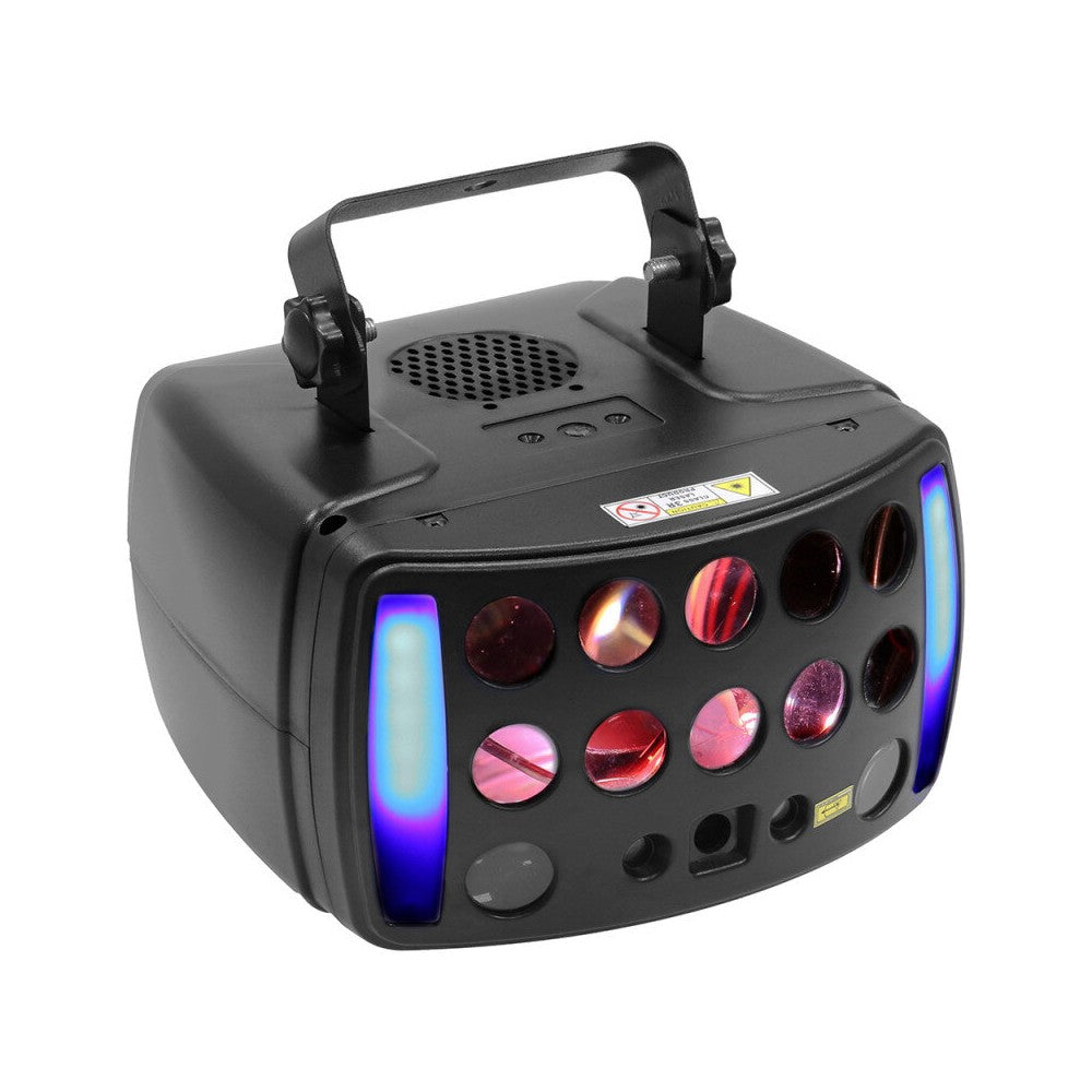 BoomTone DJ 4-in-1 LED effect: colored beams, red and green laser, party animation, and Strobe