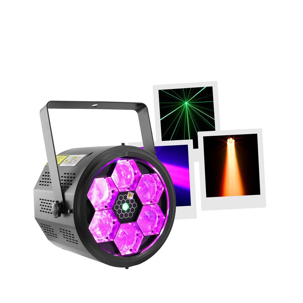 BoomTone DJ 2-in-1 LED effect, rotating Honeycomb effect and multi-point green laser effect.