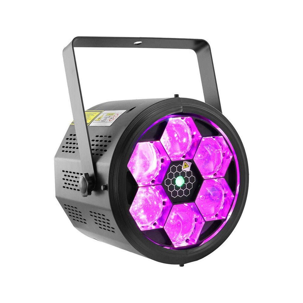BoomTone DJ 2-in-1 LED effect, rotating Honeycomb effect and multi-point green laser effect.