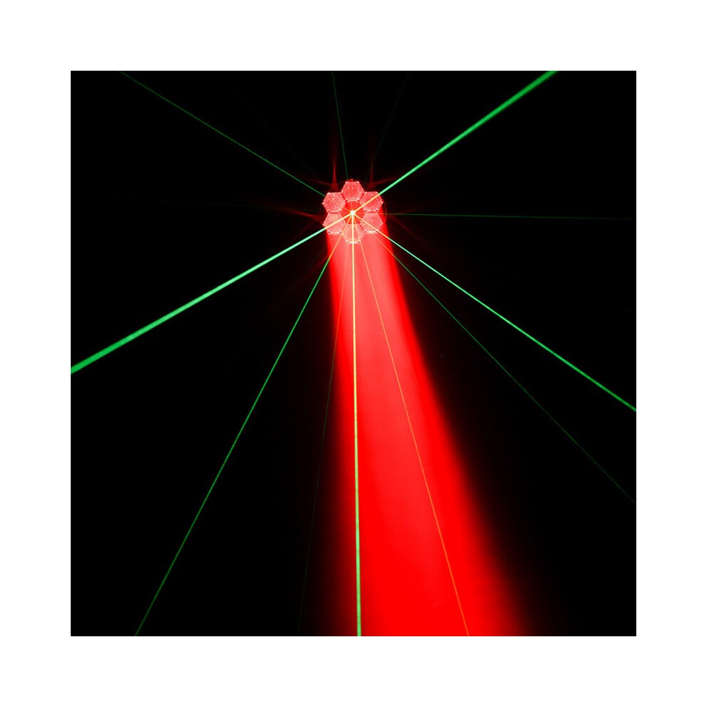 Efecto LED BoomTone DJ 2 en 1, efecto giratorio Honeycomb y efecto láser multipunto verde.