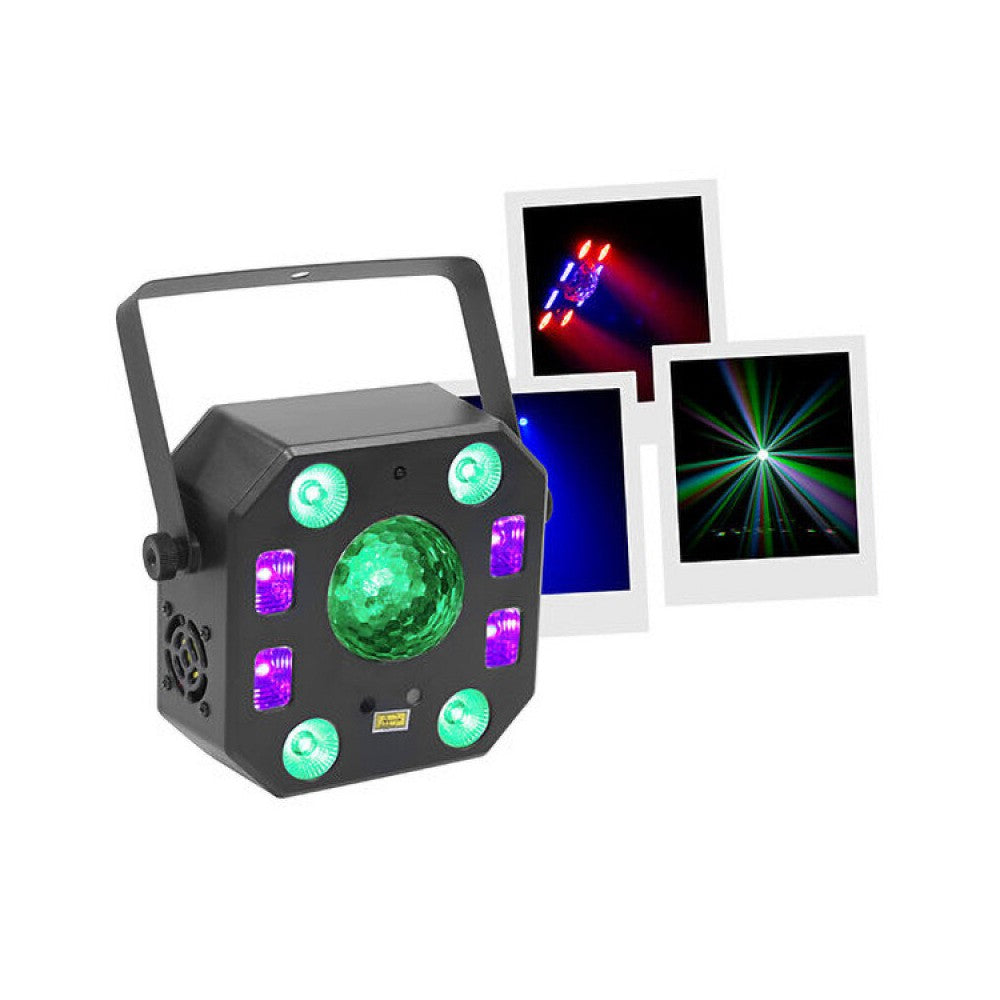 BoomTone DJ 5-in-1 light show: strobe, crystal ball, UV, laser and LED wash, 18 DMX channels,  remote control