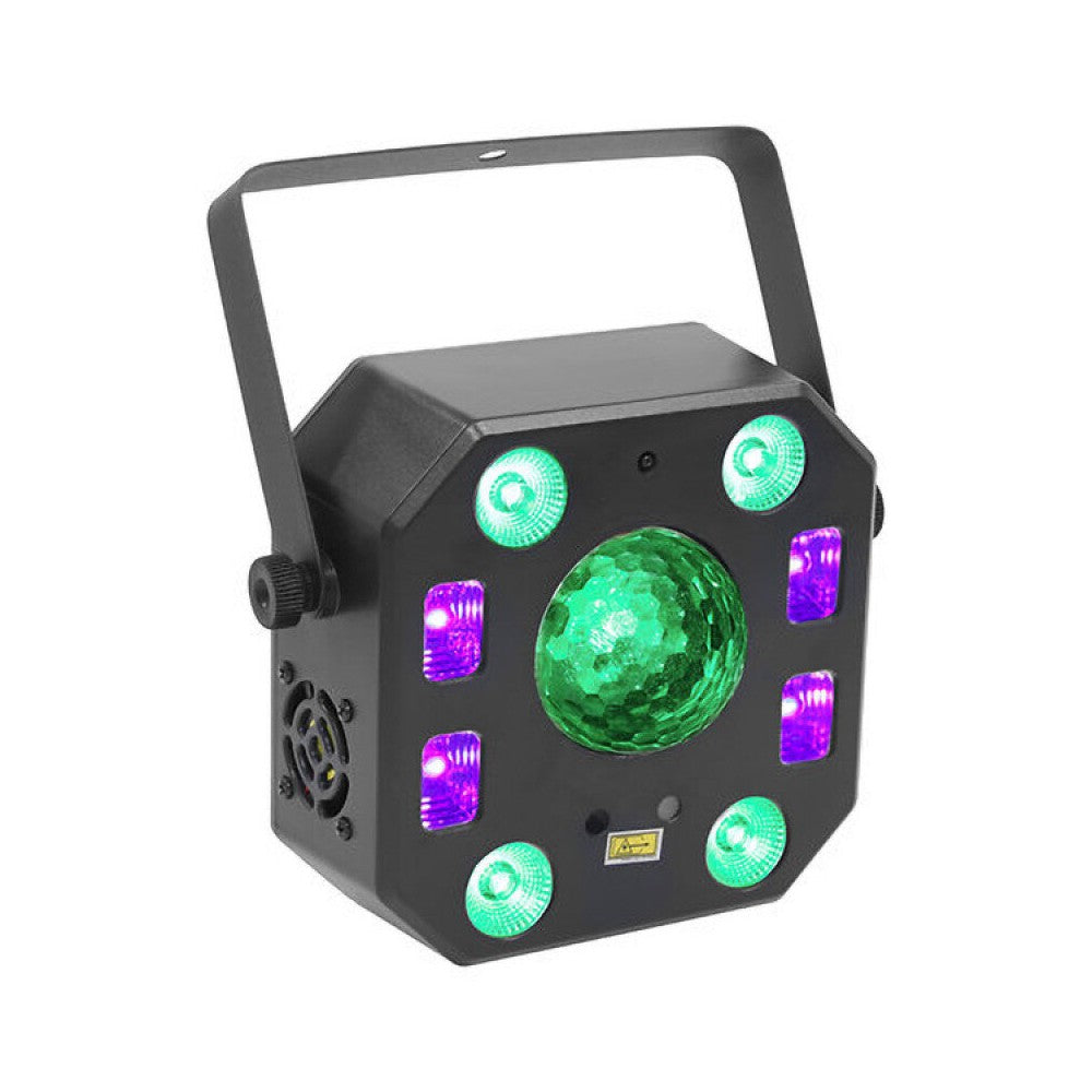 BoomTone DJ 5-in-1 light show: strobe, crystal ball, UV, laser and LED wash, 18 DMX channels, remote control