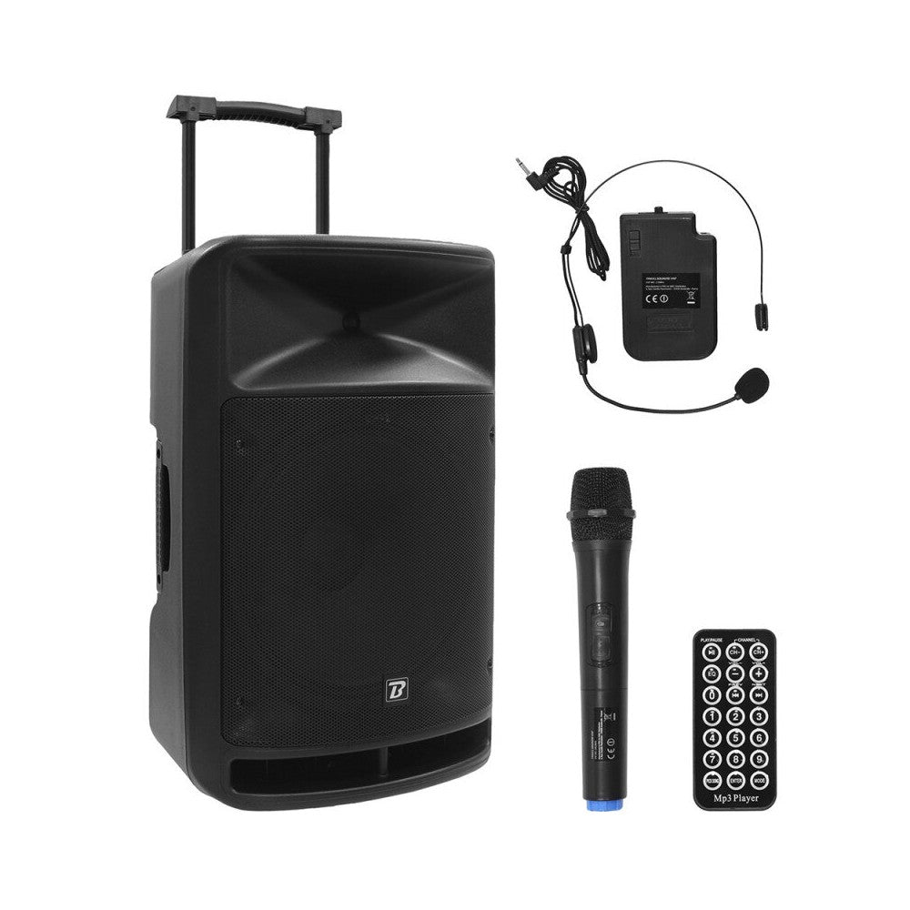 BoomTone DJ 800 W mobile loudspeaker, 15" woofer, SD card reader, USB and IR remote control, battery powered
