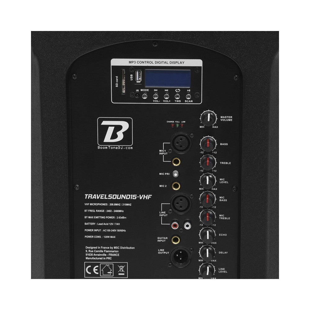 BoomTone DJ 800 W mobile loudspeaker, 15" woofer, SD card reader, USB and IR remote control, battery powered
