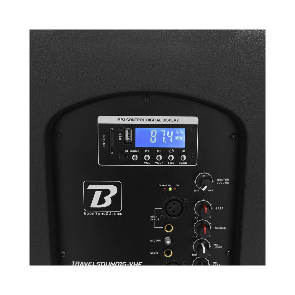 BoomTone DJ 800 W mobile loudspeaker, 15" woofer, SD card reader, USB and IR remote control, battery powered