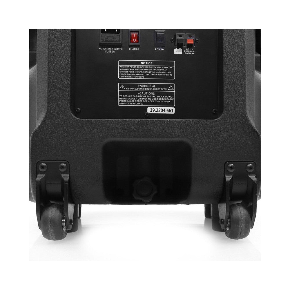 BoomTone DJ 800 W mobile loudspeaker, 15" woofer, SD card reader, USB and IR remote control, battery powered