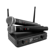 BoomTone DJ UHF wireless microphone system, including a dual receiver and two handheld transmitters