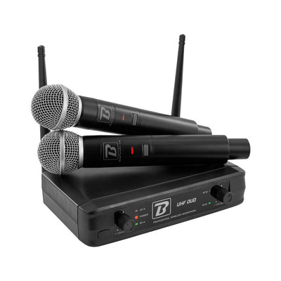 Sistema de micrófono inalámbrico BoomTone DJ UHF, que incluye un receptor doble y dos transmisores de mano