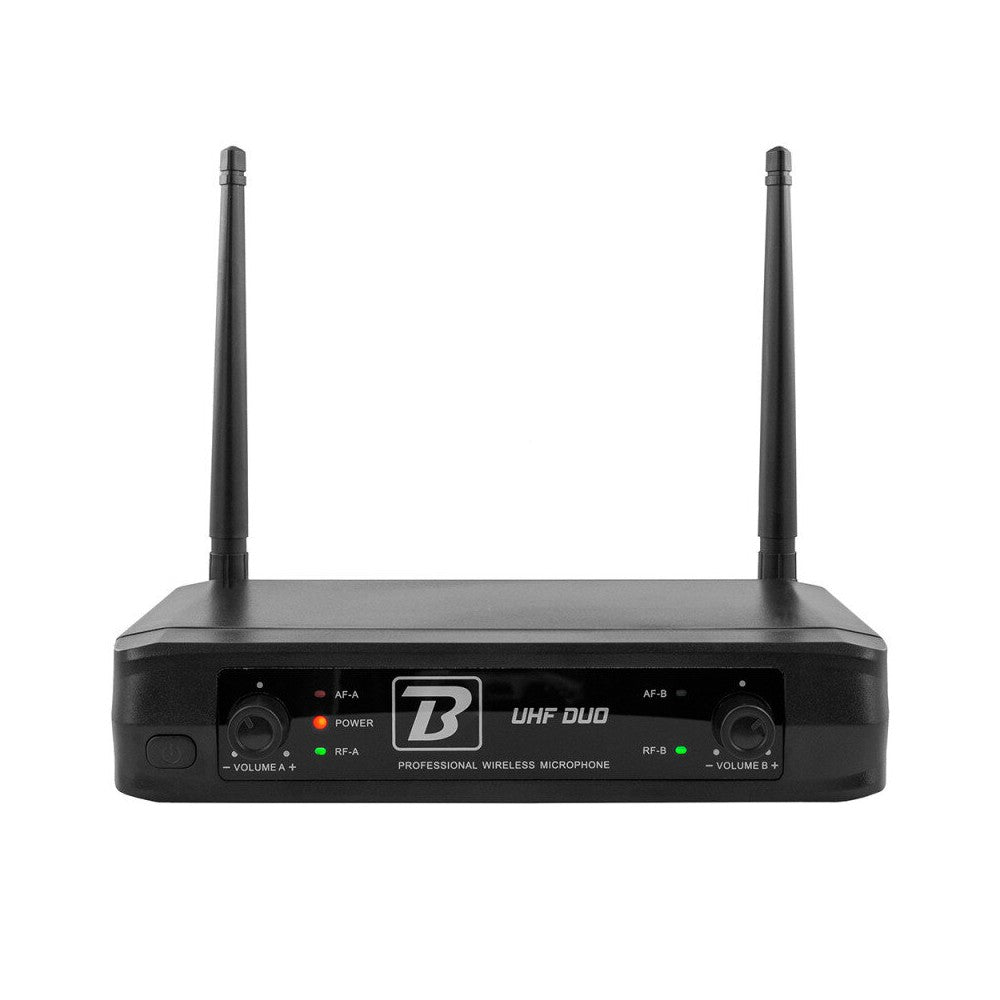 Sistema microfonico wireless UHF BoomTone DJ, con ricevitore doppio e due trasmettitori palmari
