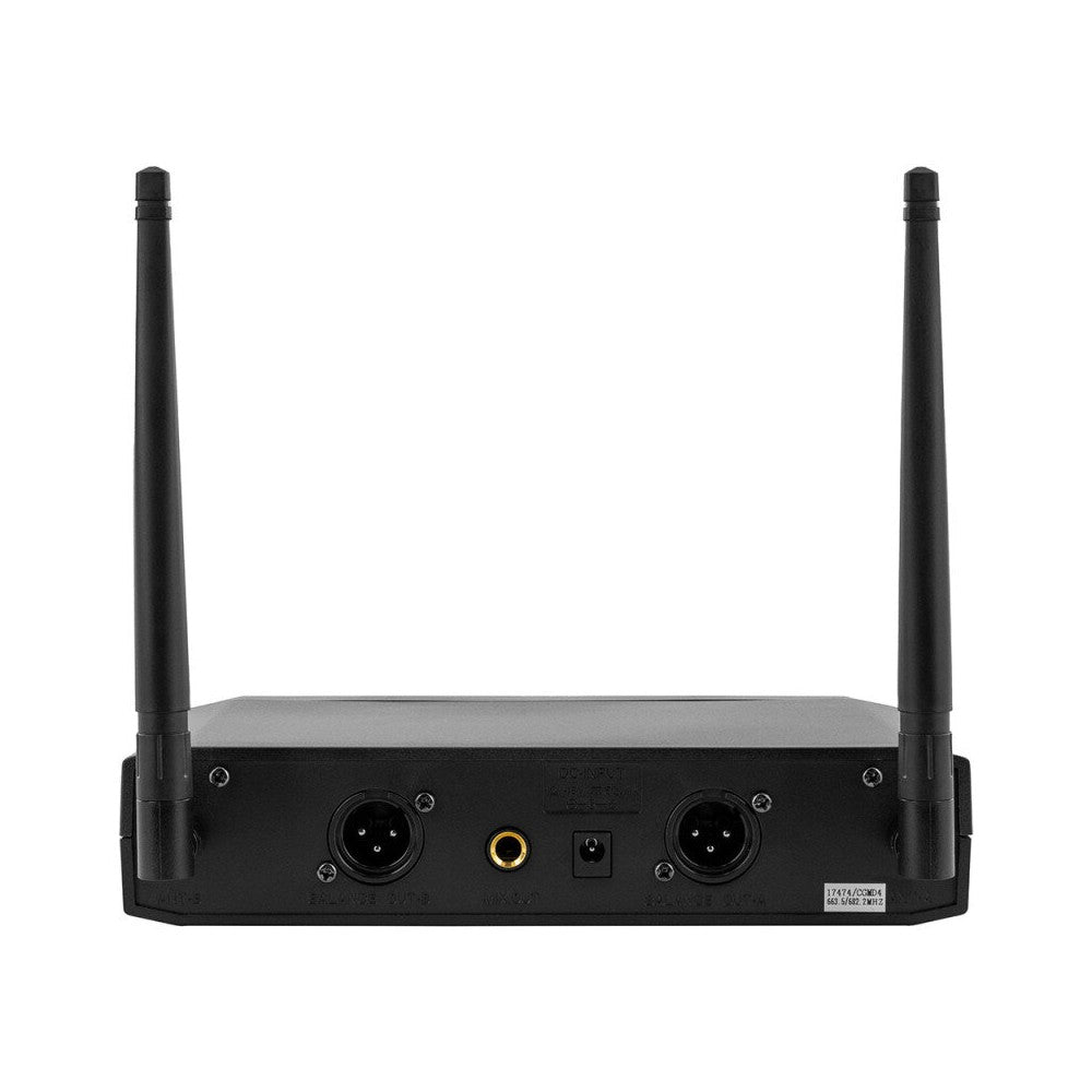 Sistema de micrófono inalámbrico BoomTone DJ UHF, que incluye un receptor doble y dos transmisores de mano