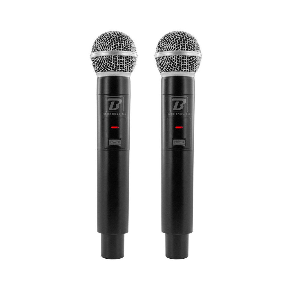 Sistema de micrófono inalámbrico BoomTone DJ UHF, que incluye un receptor doble y dos transmisores de mano