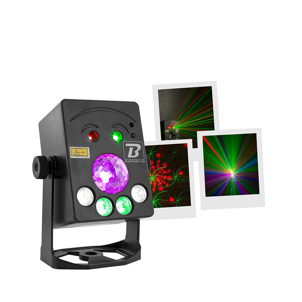BoomTone DJ Stand-alone light show, 4-in-1 laser effects, beams, strobe and colors, long-lasting battery, IR remote control