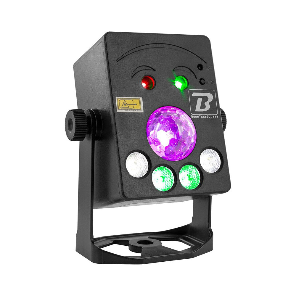 BoomTone DJ Stand-alone light show, 4-in-1 laser effects, beams, strobe and colors, long-lasting battery, IR remote control
