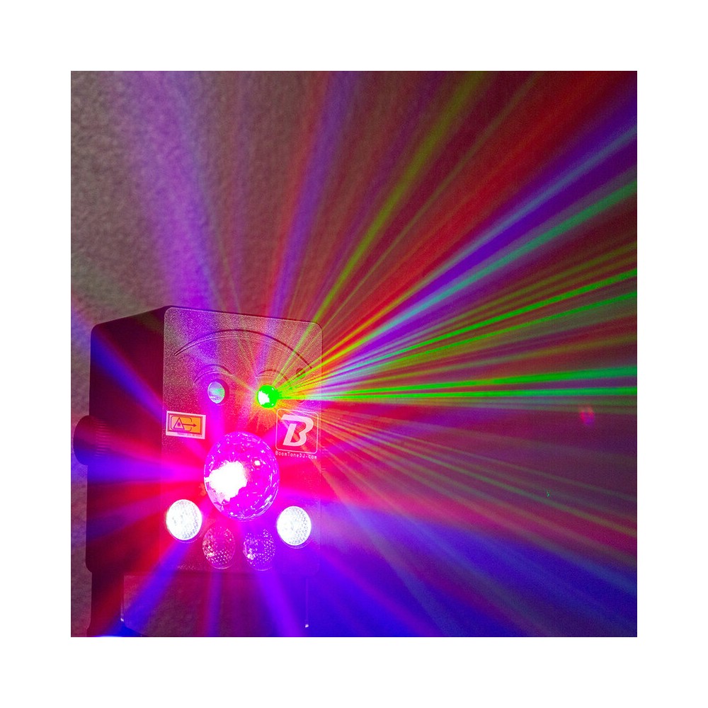 BoomTone DJ Show de luces autónomo, efectos láser 4 en 1, haces, estroboscopio y colores, batería de larga duración, control remoto IR