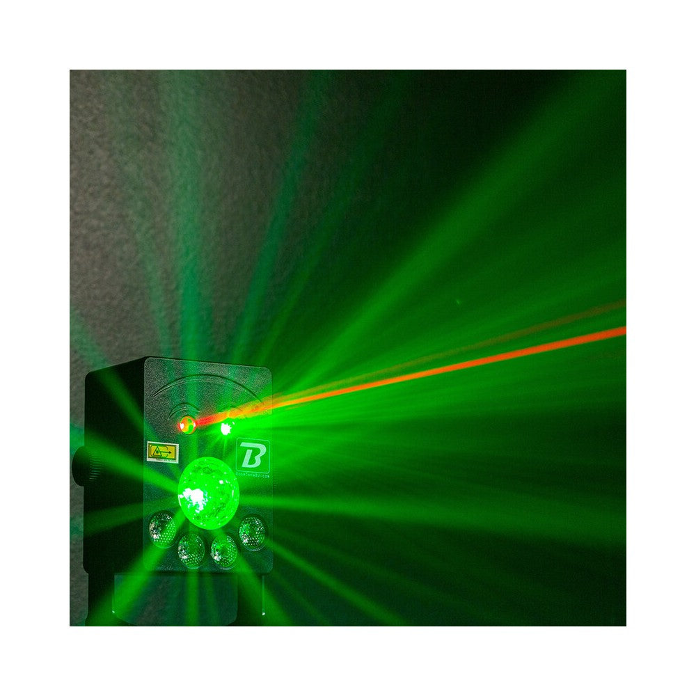 BoomTone DJ Show de luces autónomo, efectos láser 4 en 1, haces, estroboscopio y colores, batería de larga duración, control remoto IR