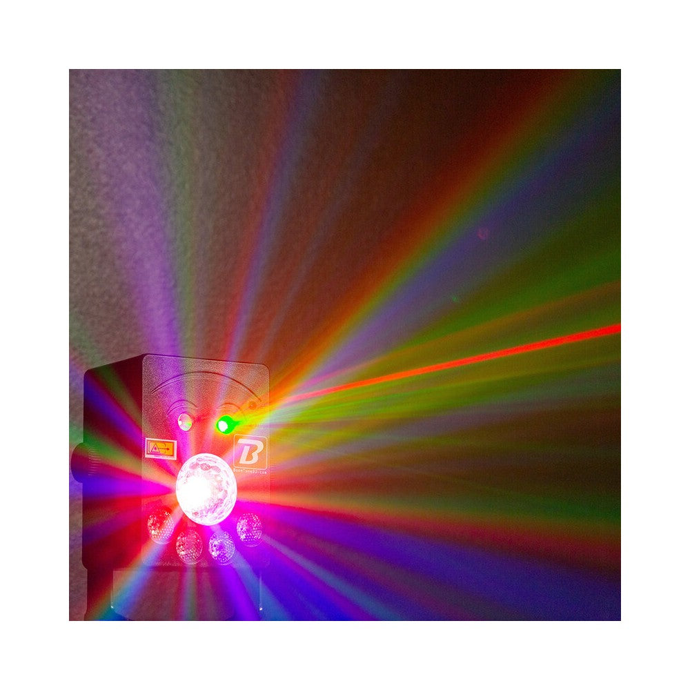 BoomTone DJ Show de luces autónomo, efectos láser 4 en 1, haces, estroboscopio y colores, batería de larga duración, control remoto IR