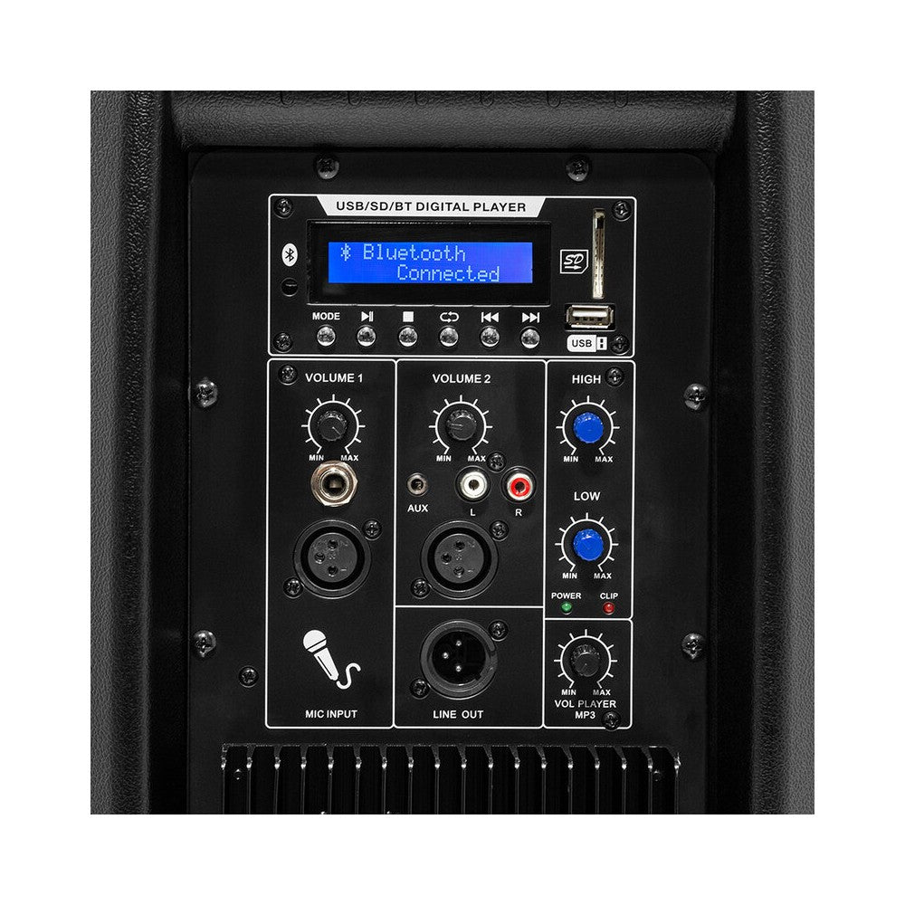 BoomTone DJ altavoz activo ABS de 2 vías y 450 W, woofer de 15", tweeter de 1", 1 entrada de micro, 1 entrada de línea y 1 salida de enlace, USB / SDHC