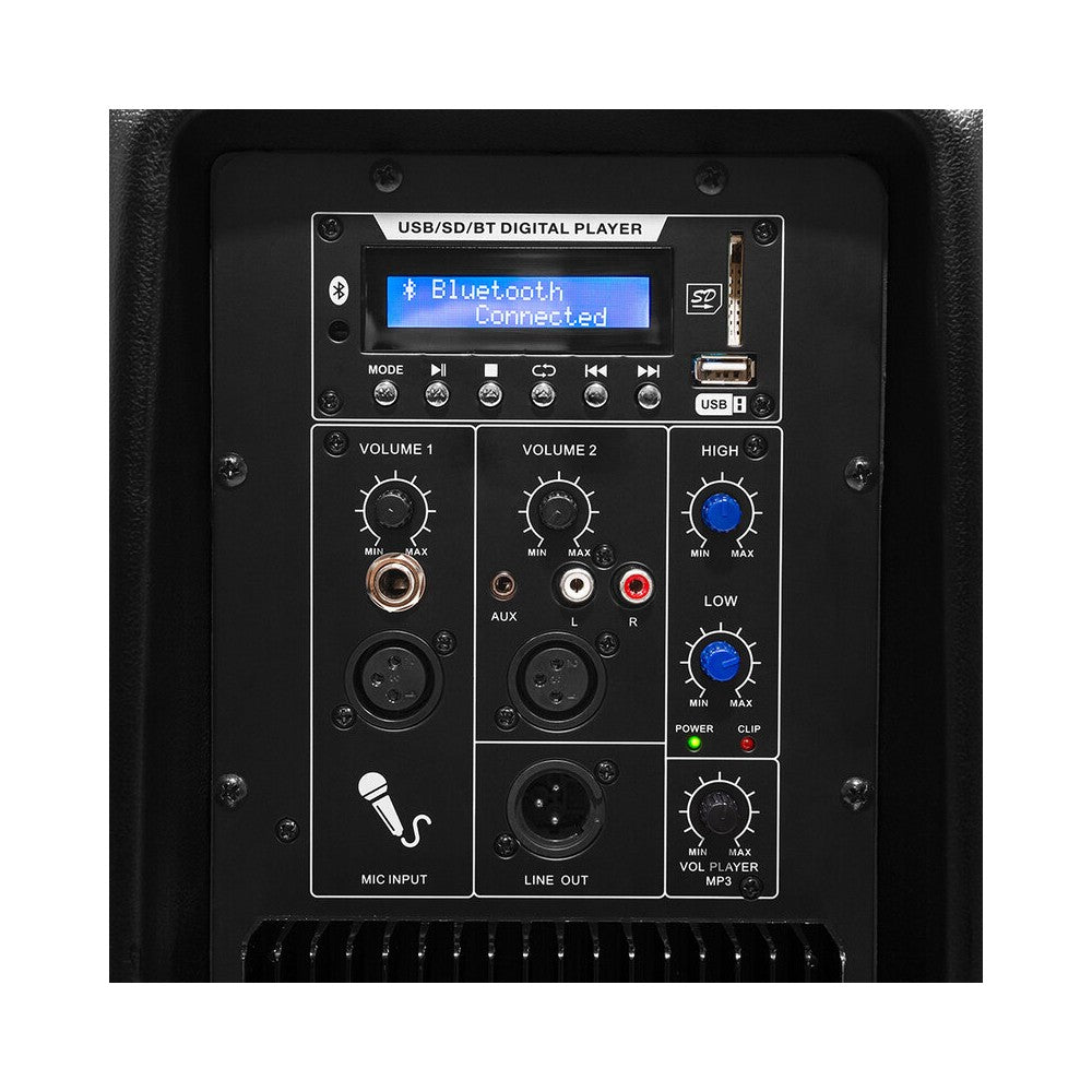 Bafle activo BoomTone DJ 400 W de 2 vías ABS, woofer de 12", tweeter de 1", 1 entrada de micrófono, 1 entrada de línea y 1 salida de enlace, USB / SDHC