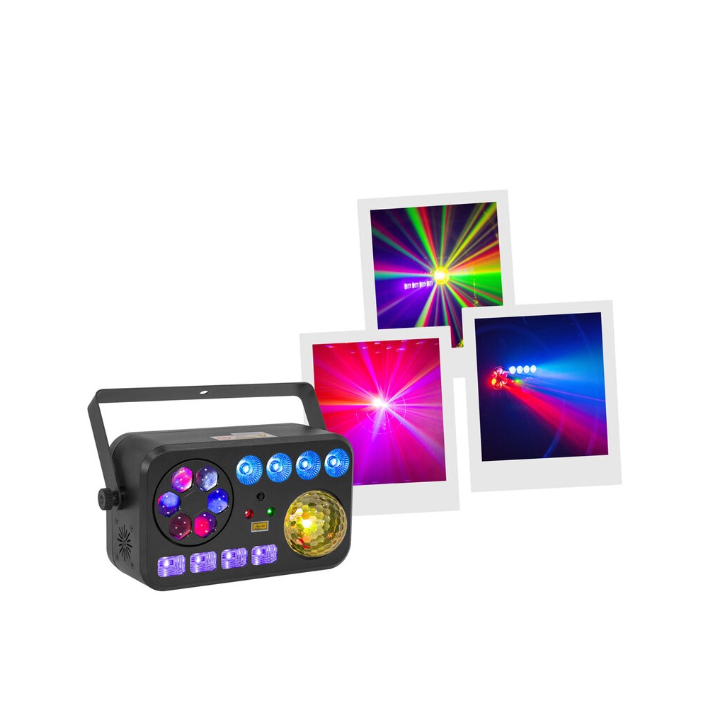 BoomTone DJ 6-in-1 light show with Strobe, UV, crystal ball, LASER, LED Wash and Gobos, DMX, automatic and music modes, IR remot