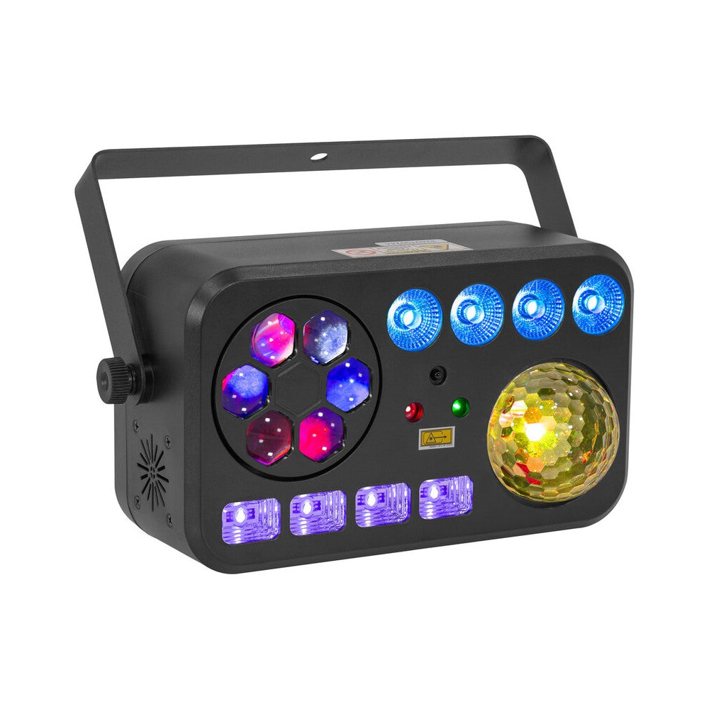 BoomTone DJ 6-in-1 light show with Strobe, UV, crystal ball, LASER, LED Wash and Gobos, DMX, automatic and music modes, IR remot