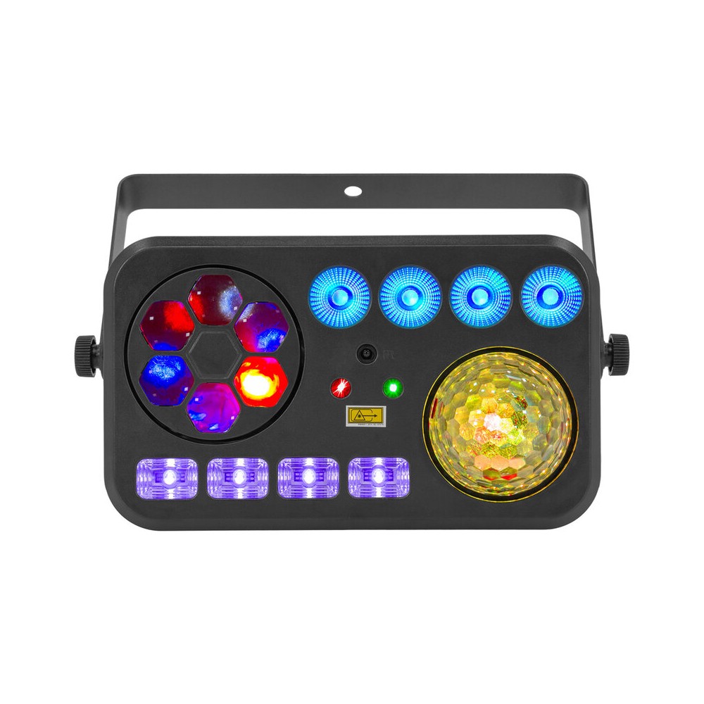 BoomTone DJ 6-in-1 light show with Strobe, UV, crystal ball, LASER, LED Wash and Gobos, DMX, automatic and music modes, IR remot