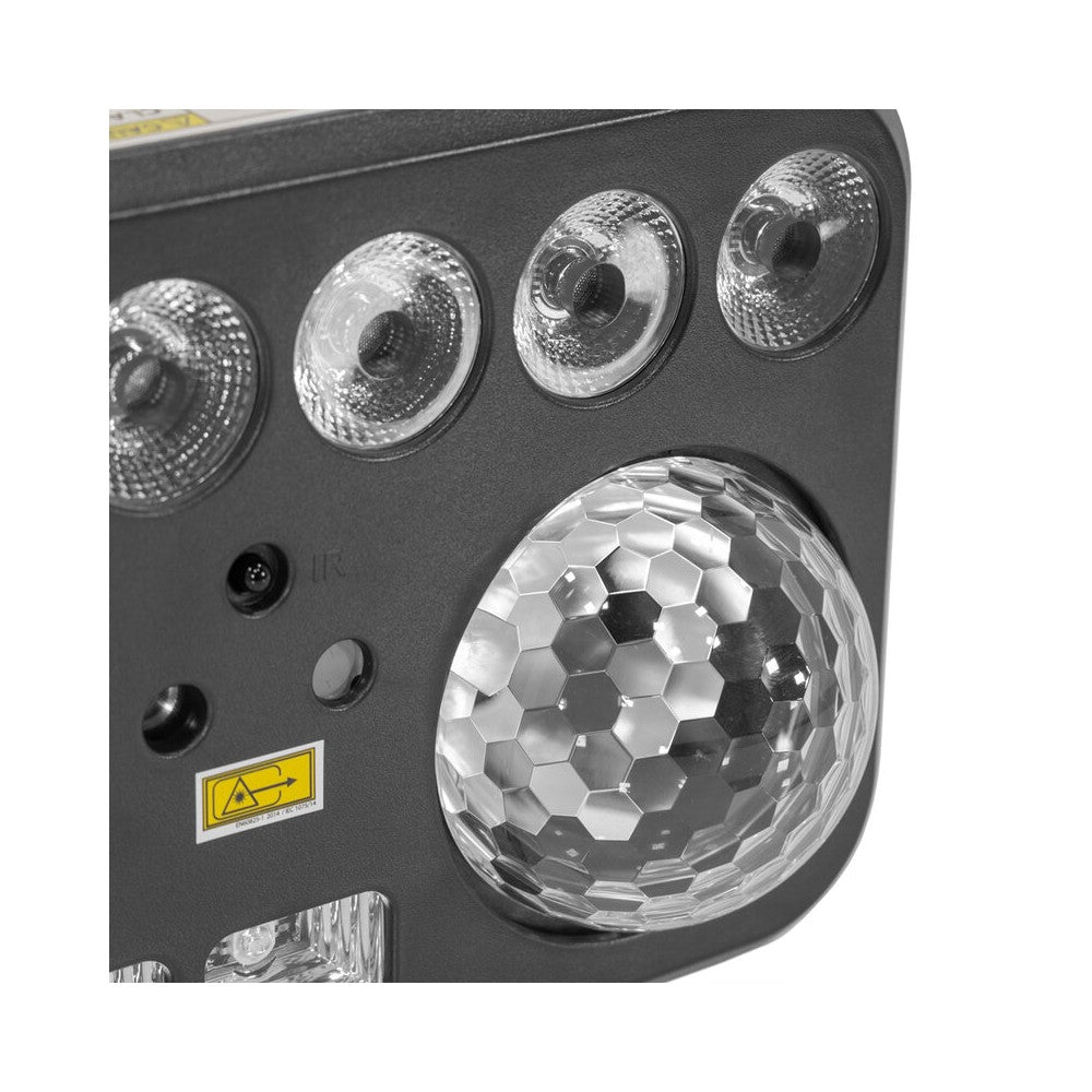 BoomTone DJ 6-in-1 light show with Strobe, UV, crystal ball, LASER, LED Wash and Gobos, DMX, automatic and music modes, IR remot
