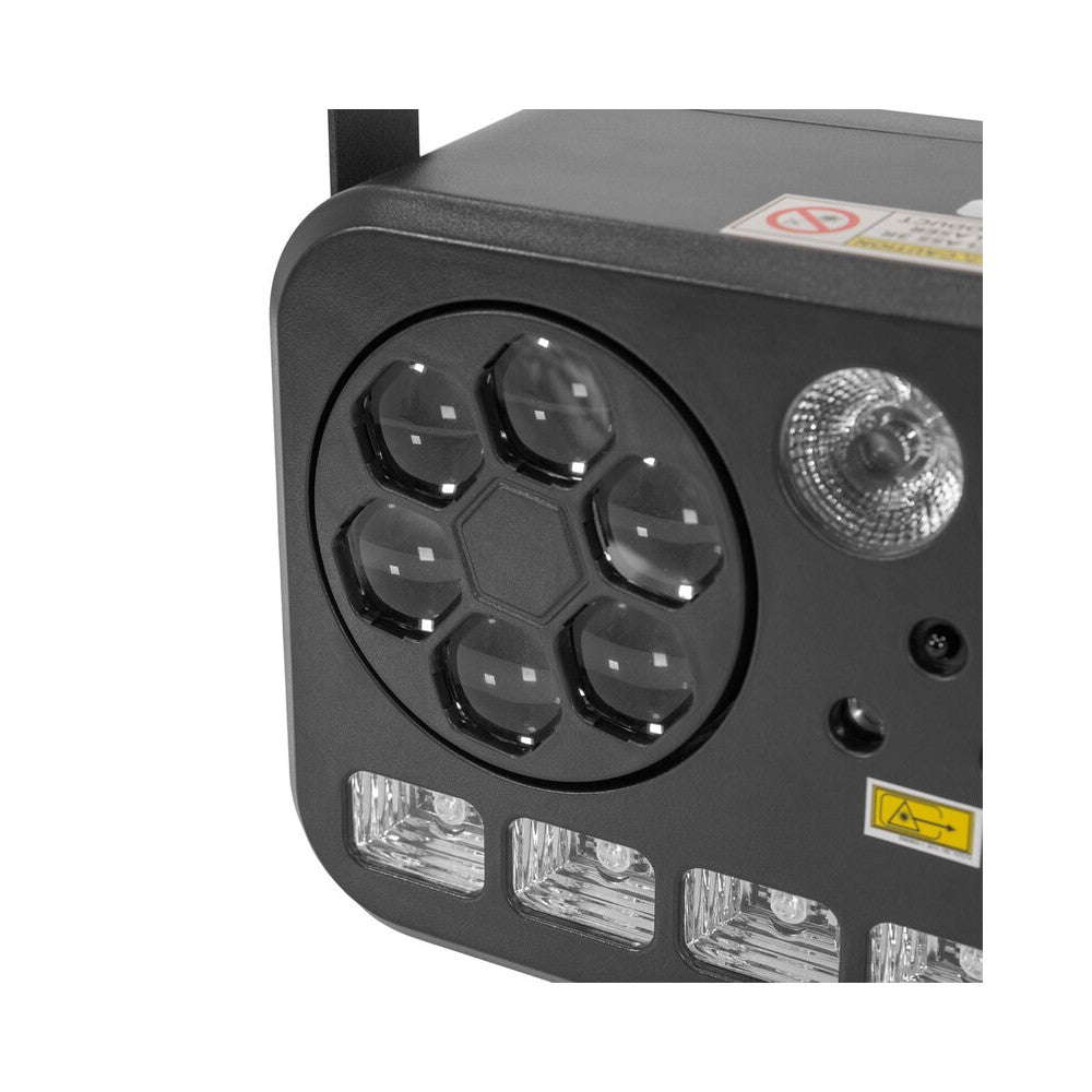 BoomTone DJ 6-in-1 light show with Strobe, UV, crystal ball, LASER, LED Wash and Gobos, DMX, automatic and music modes, IR remot
