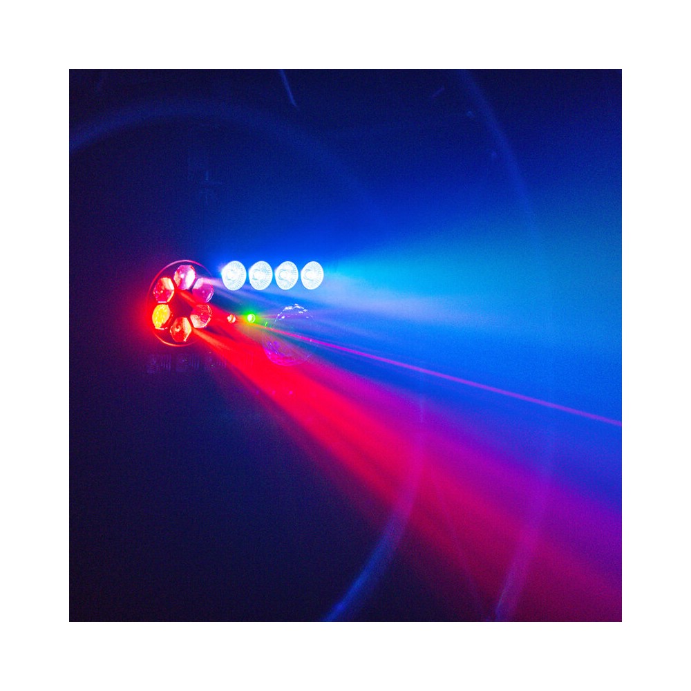 BoomTone DJ 6-in-1 light show with Strobe, UV, crystal ball, LASER, LED Wash and Gobos, DMX, automatic and music modes, IR remot