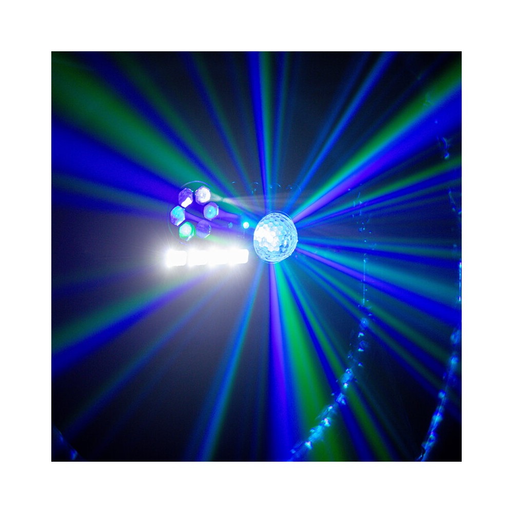 BoomTone DJ 6-in-1 light show with Strobe, UV, crystal ball, LASER, LED Wash and Gobos, DMX, automatic and music modes, IR remot