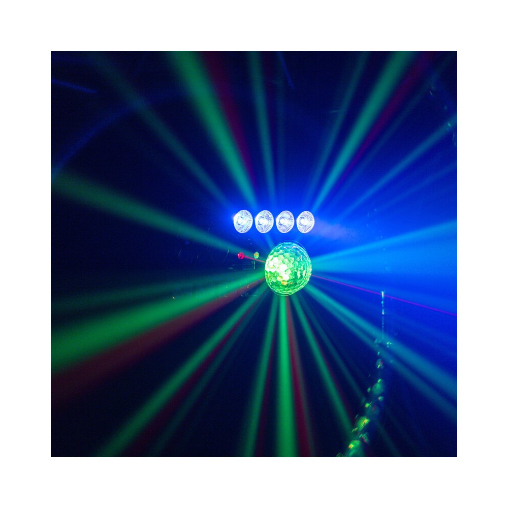 BoomTone DJ 6-in-1 light show with Strobe, UV, crystal ball, LASER, LED Wash and Gobos, DMX, automatic and music modes, IR remot