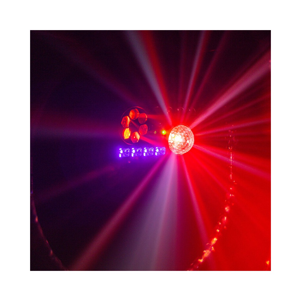 BoomTone DJ 6-in-1 light show with Strobe, UV, crystal ball, LASER, LED Wash and Gobos, DMX, automatic and music modes, IR remot