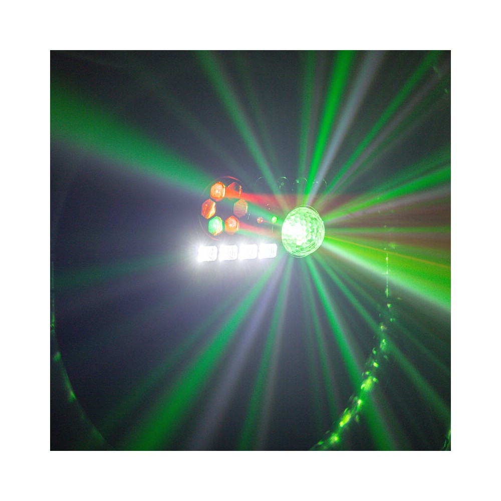 BoomTone DJ 6-in-1 light show with Strobe, UV, crystal ball, LASER, LED Wash and Gobos, DMX, automatic and music modes, IR remot