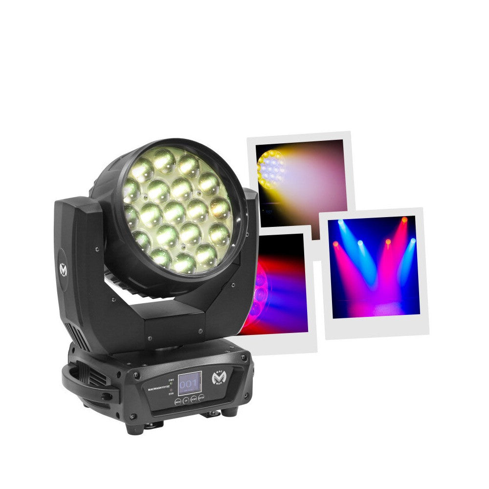 Mac Mah 19 x 15 W RGBW LED Wash moving head with 3-zone circle LED control, zoom angle from 6 to 50°