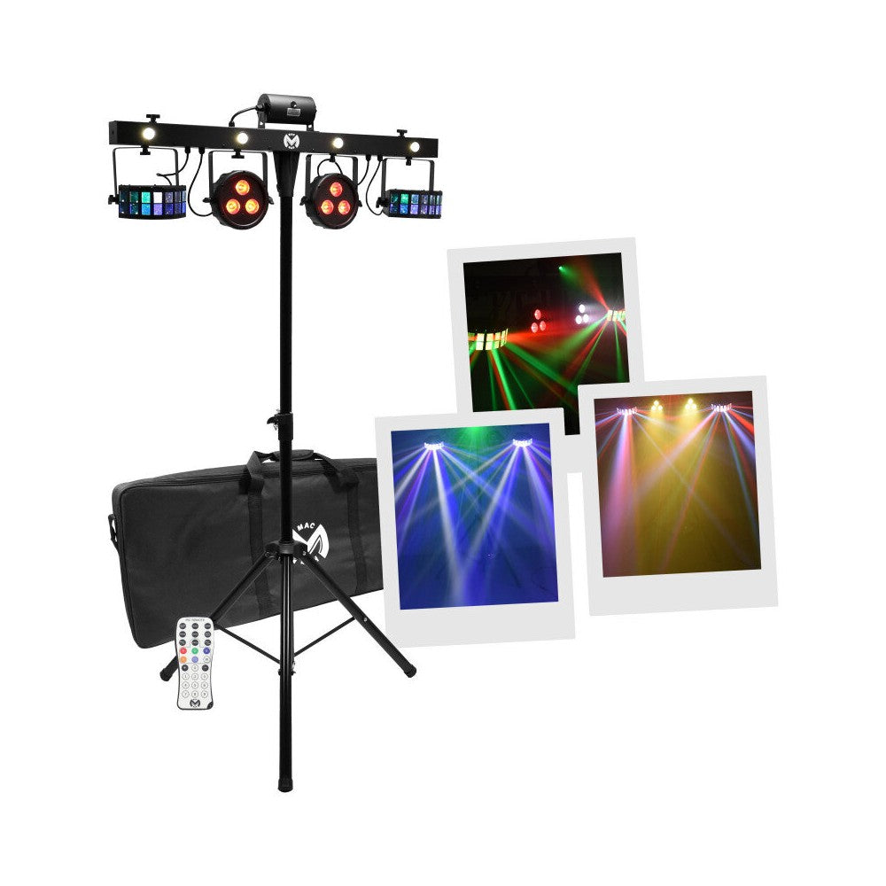 Mac Mah Animation bar consisting of 2 Derby effects, 2 x 4-in-1 RGB-UV LED PARs, a Strobe, a red and green multi-point laser