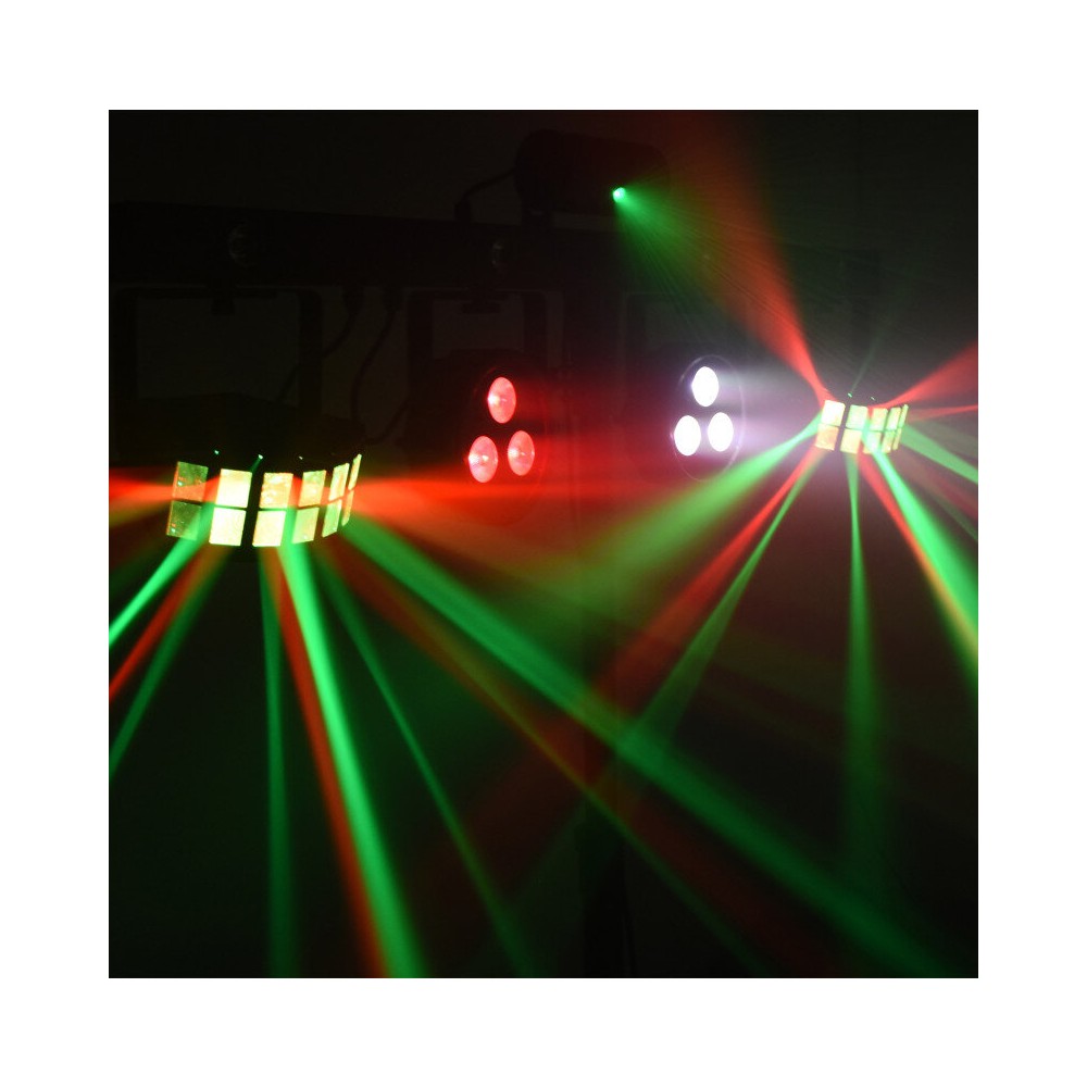 Mac Mah Animation bar consisting of 2 Derby effects, 2 x 4-in-1 RGB-UV LED PARs, a Strobe, a red and green multi-point laser
